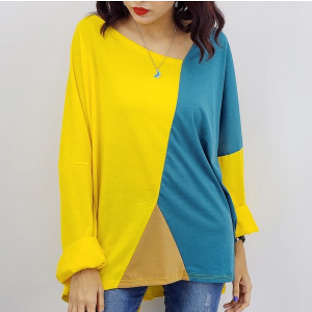 Slouchy dolman style geo multi-color asymmetrical 3/4 sleeve blouse size…